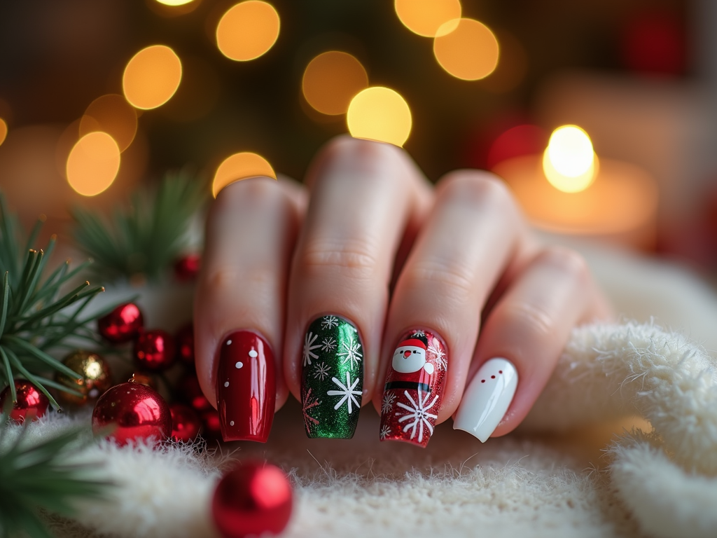  a close-up of a person's hand with their fingernails painted in a festive Christmas-themed design. The nails are painted in red and green colors with white snowflakes and a snowman design on each nail. The background is blurred, but it appears to be a Christmas tree with red and gold ornaments and a white fur blanket. There are also two lit candles in the background, creating a warm and cozy atmosphere. The overall mood of the image is festive and cheerful.