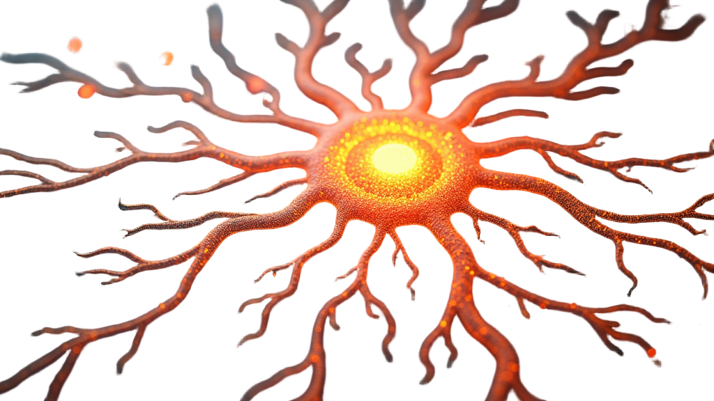 A central, brightly glowing neuron acts as the 'sun' of a miniature solar system. Its dendrites and axon form swirling patterns resembling galactic arms, with smaller nodes (stars) orbiting it. Connections between these star-nodes are depicted as faint trails of light.