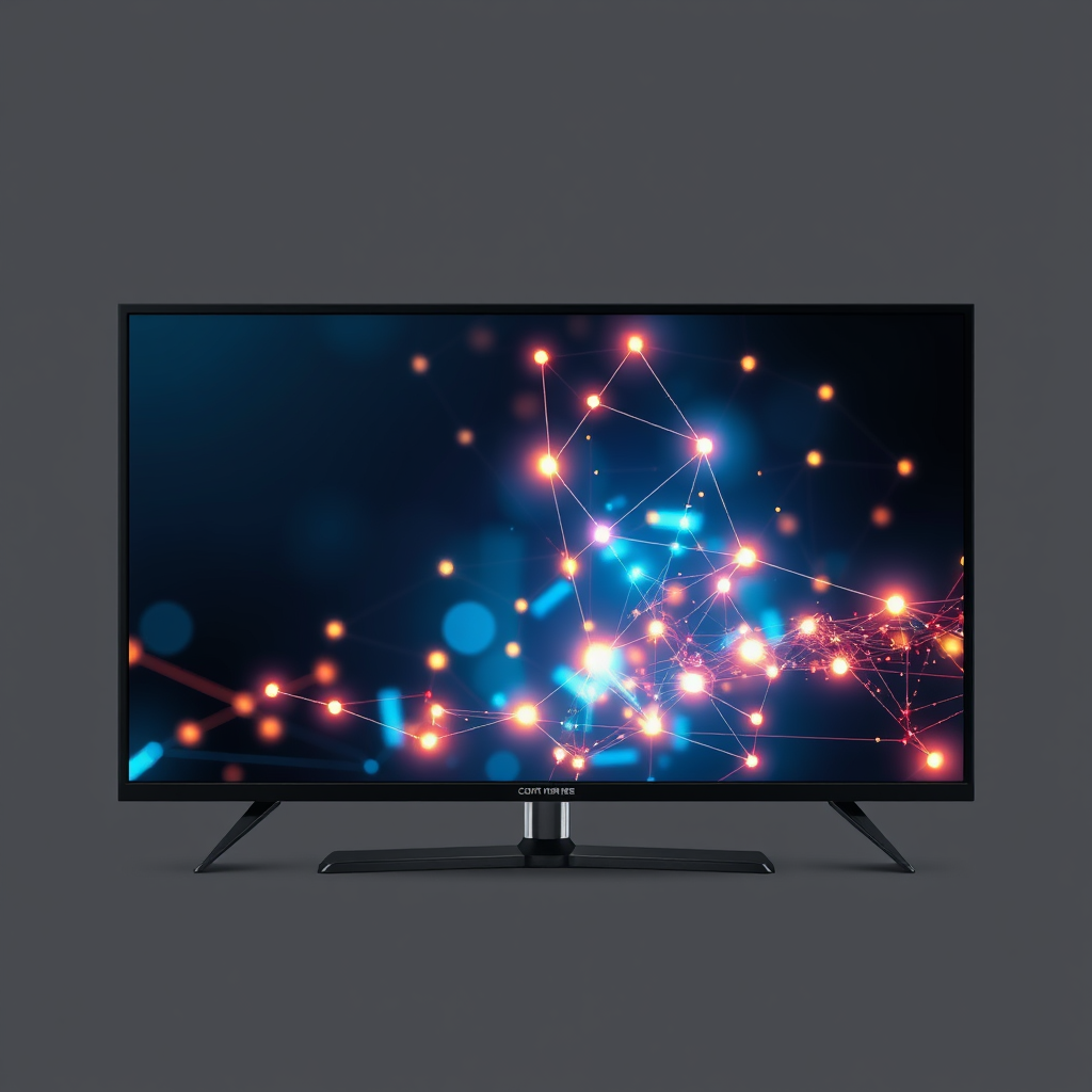 A TV screen with abstract, glowing interconnected nodes and lines (representing a neural network or data flow) gently animating across its surface, denoting AI-enhanced features and smart optimization.