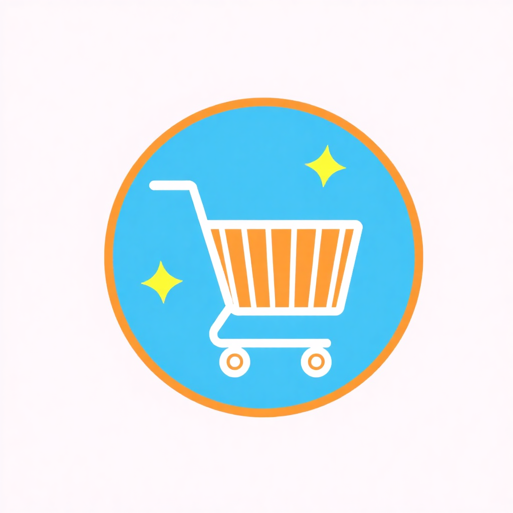 The image is a circular icon with a blue background and an orange border. In the center of the circle, there is an illustration of a shopping cart with a handle and four wheels. The cart is orange in color and has a striped pattern on the sides. There are two yellow stars on either side of the cart. The overall design is simple and minimalistic.