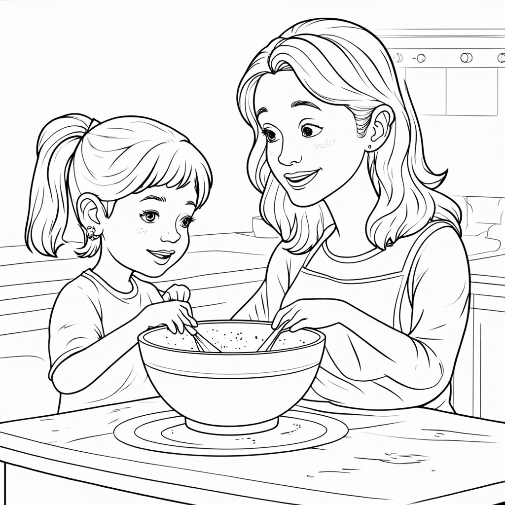 A heartwarming scene of a mother and child's hands mixing ingredients together in a large bowl, with happy expressions or focused concentration on the task.
