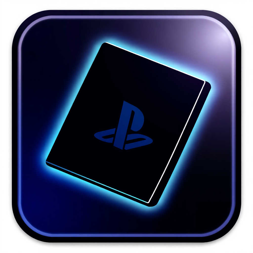 The image is a square-shaped icon with a black background and a blue border. In the center of the icon, there is a black square with the PlayStation logo in the center. The logo is a stylized letter P in blue, which is the iconic symbol for the video game console. The blue border around the square gives the icon a futuristic and modern look. The overall design is simple and minimalistic.