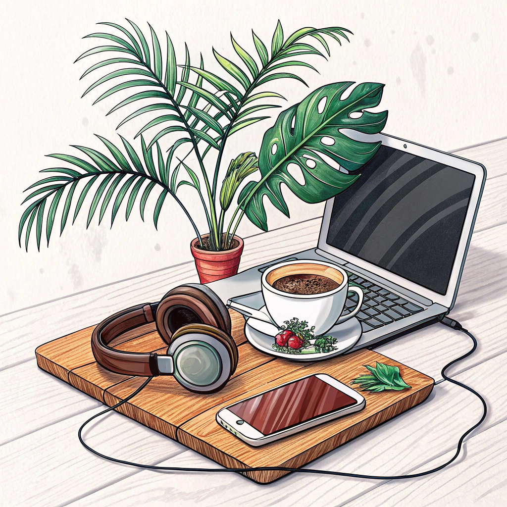 A cup of coffee, headphones, and a laptop arranged on a wooden desk, with a tropical plant in the background.