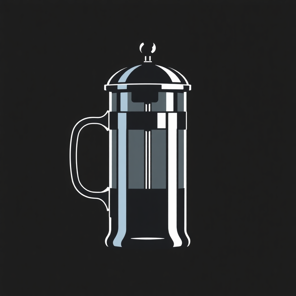 The image is a black square with a white illustration of a french press coffee maker. The french press is made of glass and has a handle on the left side and a spout on the right side. It has a lid with a small knob on top, which is likely used to open and close the lid. The handle is curved and appears to be made of metal. The background of the image is black, making the french press stand out.