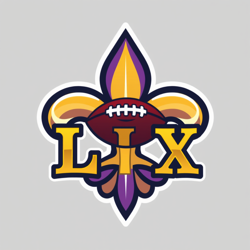 Fleur-de-Lis Football Fusion: A central football icon merges with a classic New Orleans fleur-de-lis. The 'LIX' is rendered in a regal font, possibly with a gradient of Mardi Gras colors. The overall shape hints at a triumphant emblem.