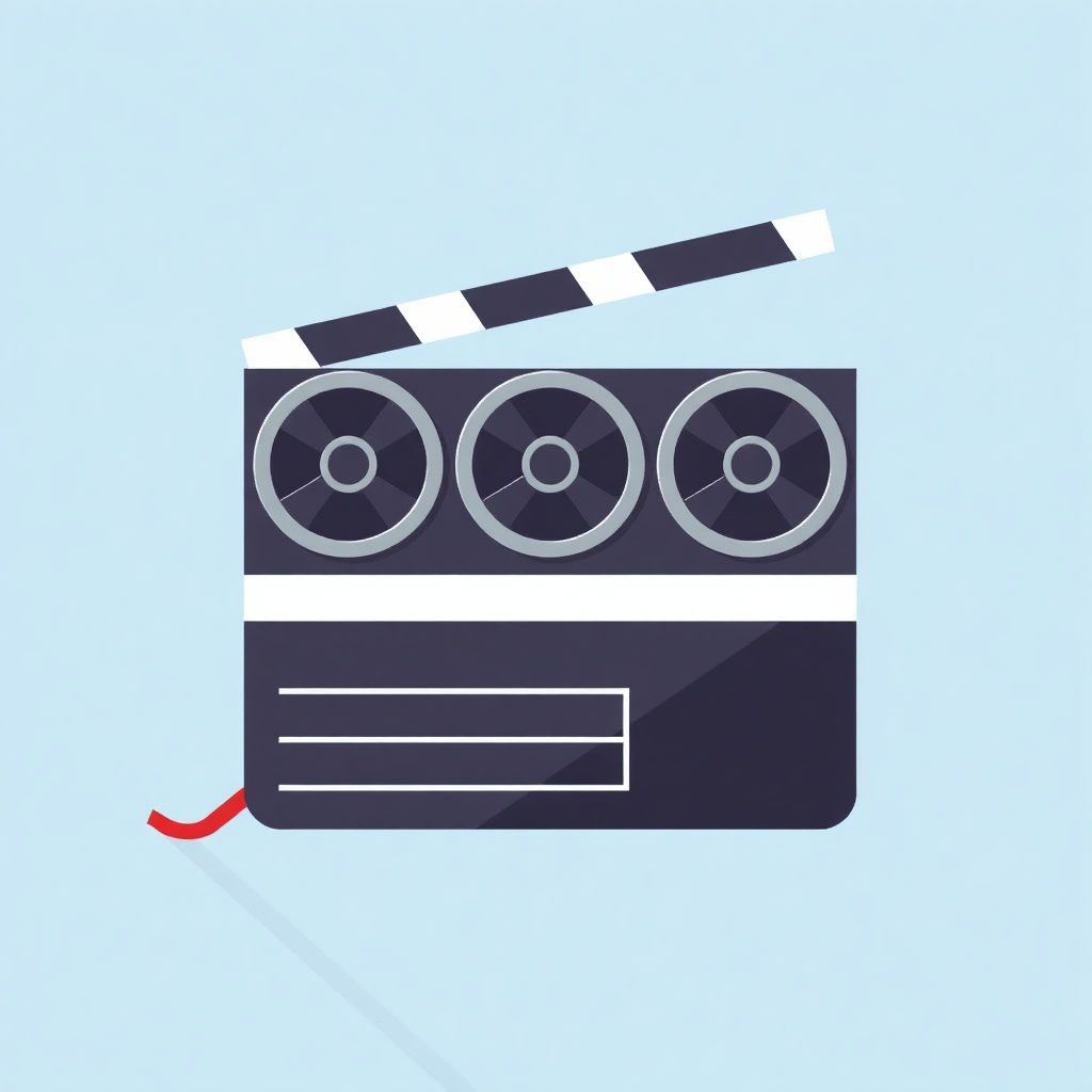 The image shows a movie clapboard icon on a blue background. It is an animated image of a tape recorder, with a black and white color scheme and a handle on the top. The tape recorder is surrounded by a white border, and the background is a light blue color.