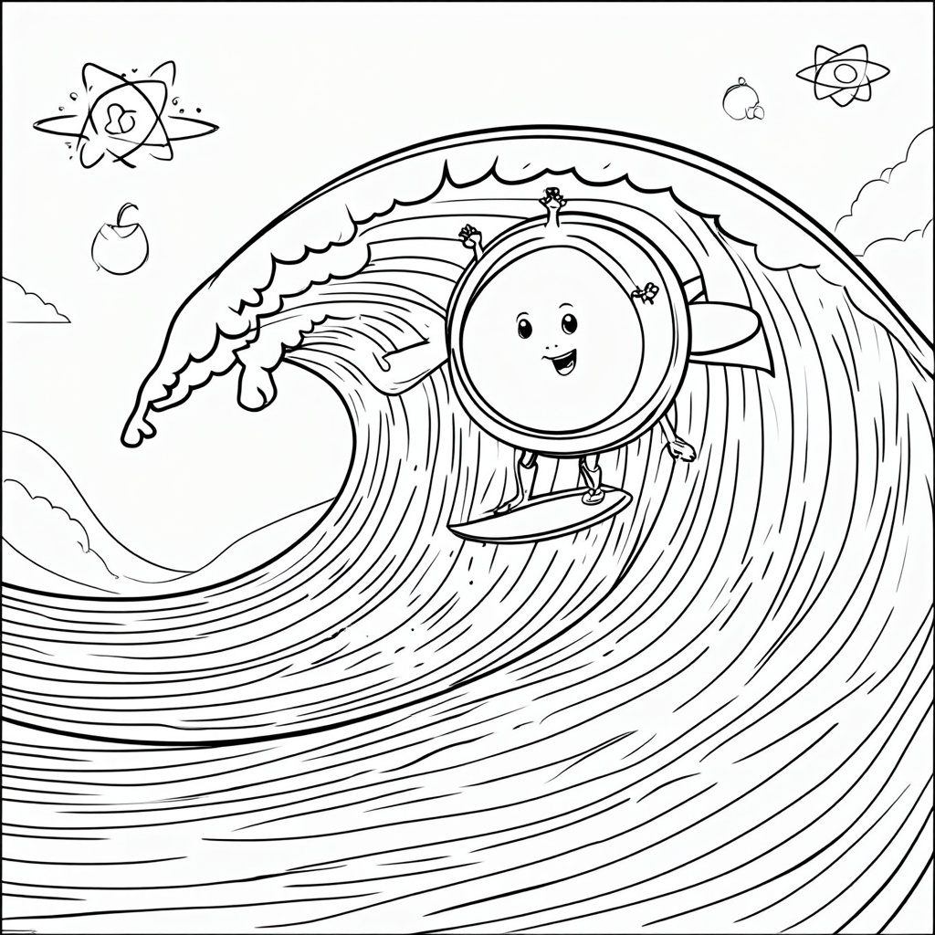 Particle Character Surfing a Probabilistic Wave: A cute character (representing a particle like an electron) joyfully surfs a large, beautifully patterned wave. The wave itself visually represents a probability distribution, perhaps with denser patterns where the particle is more likely to be found, and fading out at the edges. Areas for coloring include the character, the distinct sections of the probabilistic wave, and a background hinting at quantum realms (e.g., stylized atoms or energy levels).