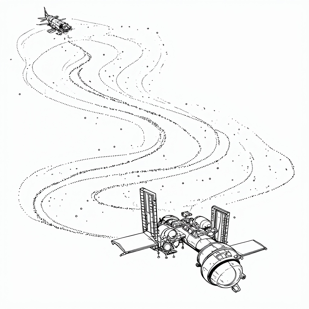 Coloring Page: A 'trail' or 'path' illustrated with dotted lines or subtle glowing energy showing the Starliner's trajectory as it maneuvers carefully towards the ISS, emphasizing the precision of the rendezvous sequence. Both spacecraft are clearly visible.