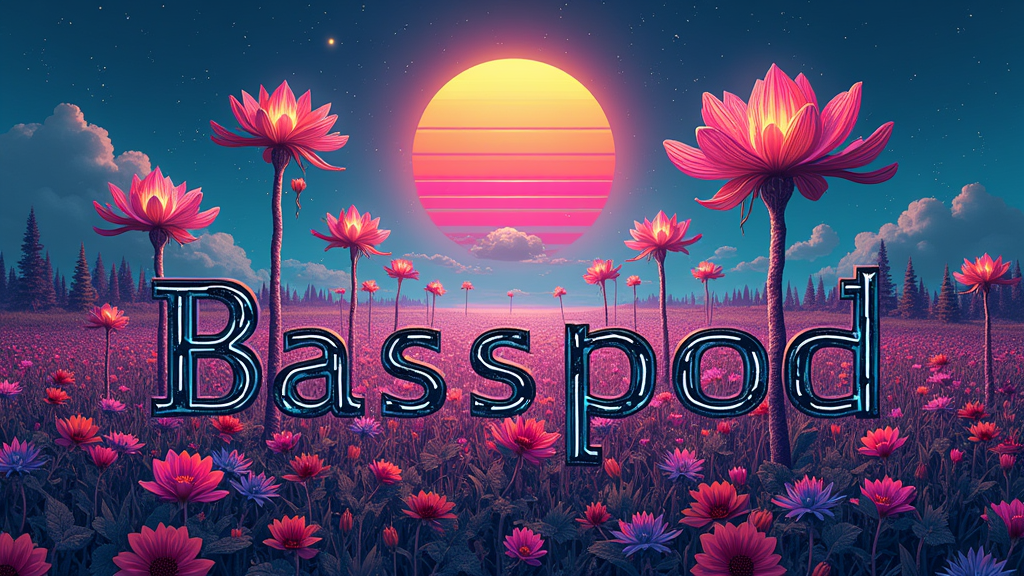 Frequency Flora Garden: A surreal landscape where flowers and plants are visibly constructed from bass frequencies and audio waveforms. Stems are sine waves, leaves are EQ bars, and flowers are explosive visualizer patterns. 'Basspod' text forms the ground or horizon.