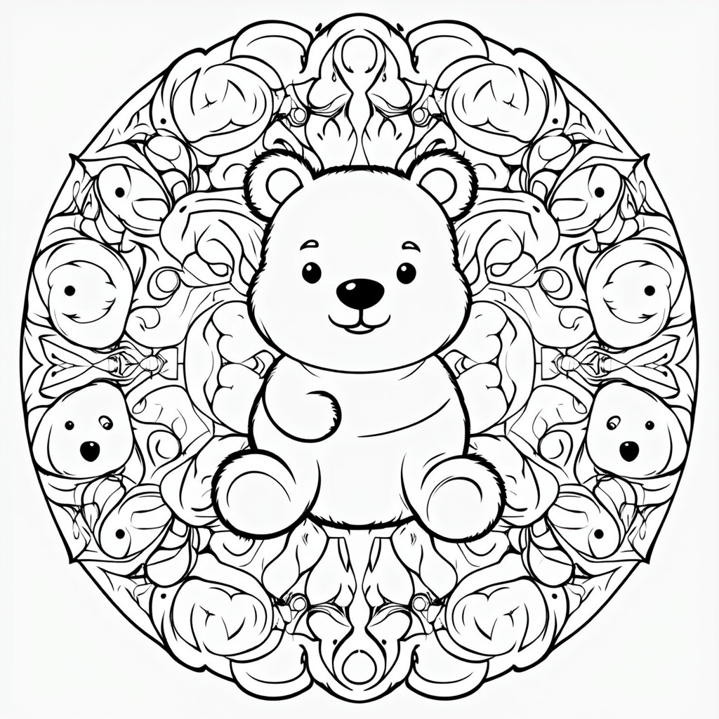 A large, detailed gummy bear at the center of a classic circular mandala, with rings of smaller gummy bears and geometric patterns expanding outwards, all filled with fine details for coloring.