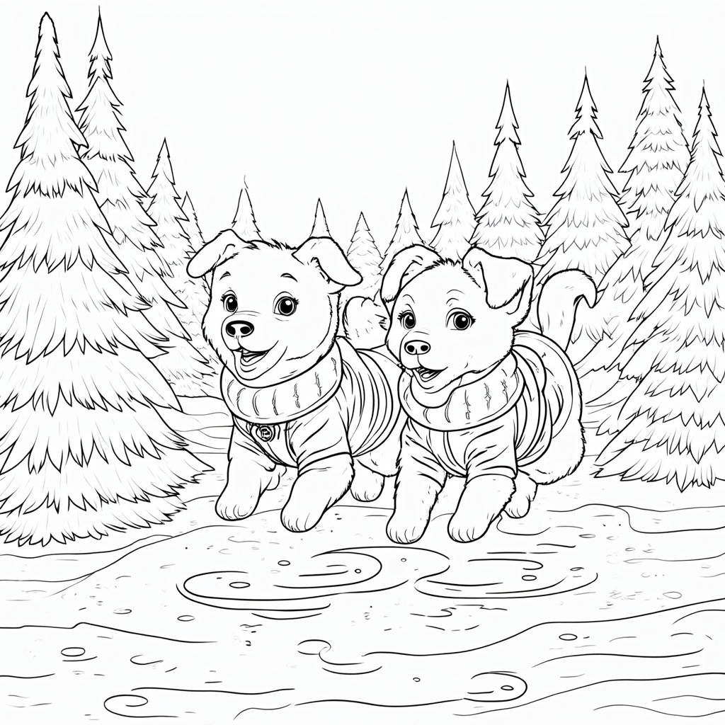 A delightful canine duo, wrapped in cozy winter sweaters, bounding playfully through deep snow. Their tails wag joyfully as they leap and tumble, leaving a trail of paw prints. In the background, snow-laden evergreens create a picturesque scene.