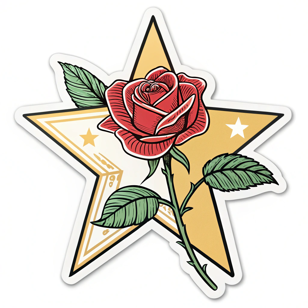 Simple Icon Idea: A single stylized rose with a bright, five-pointed star either centered behind it or replacing one of its central petals.