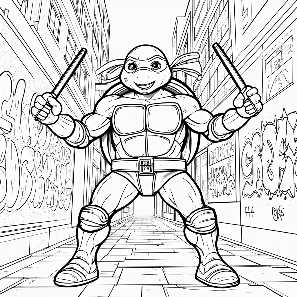 The image shows a sketch of a teenage mutant ninja turtle holding two sticks in his hands, standing in front of a backdrop of buildings with graffiti on the walls. At the bottom of the image, there is text that reads 