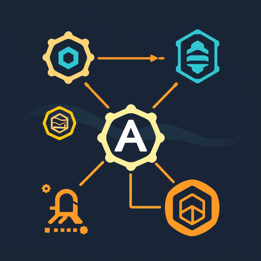 Stylized icons using flowing, dynamic lines to illustrate algorithms processing abstract data streams.