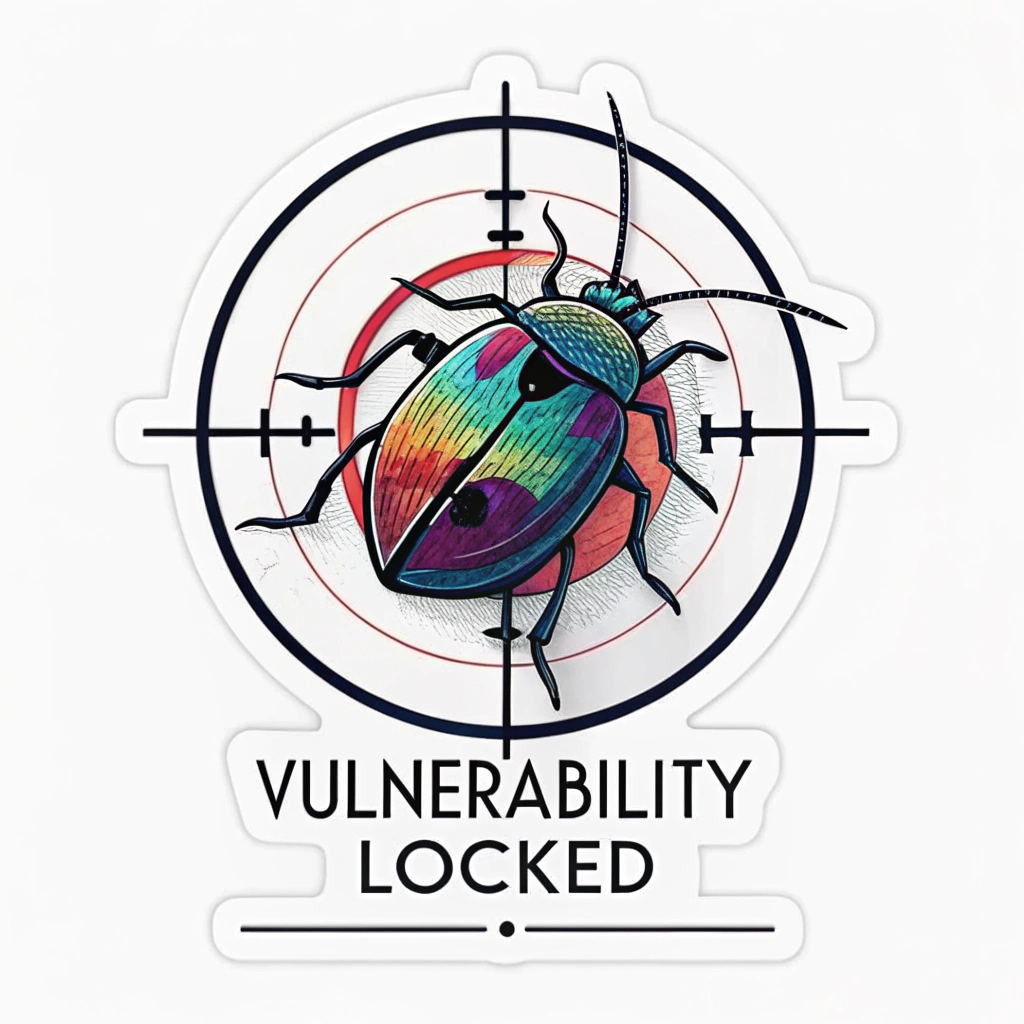 Target Acquired - Glitch: A sticker showing a futuristic targeting reticle (crosshair) sharply focused on an abstract, colorful glitch icon or a stylized insect-like bug. Text: 'Vulnerability Locked'.