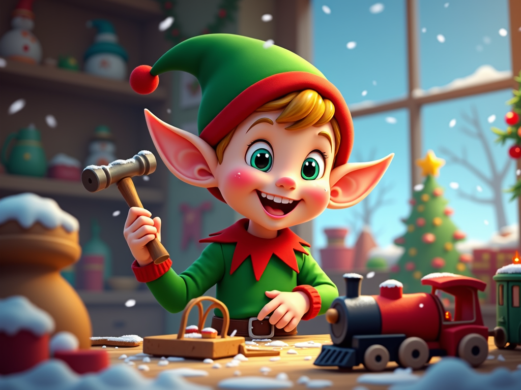  a cartoon elf with a big smile on his face. He is wearing a green elf hat with a red pom-pom on top and a red scarf around his neck. He has blonde hair and is holding a hammer in his right hand. The elf is standing in front of a window with a view of a snowy landscape outside. There is a Christmas tree and a toy train on the window sill. The window is covered in snow and there are various Christmas decorations scattered around the room. The overall mood of the image is cheerful and festive.