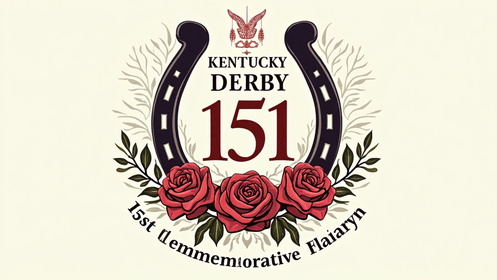 Vintage Commemorative T-Shirt: A classically styled design featuring a prominent '151' emblem intertwined with traditional Derby roses and a horseshoe. Text reads 'Kentucky Derby - 151st Commemorative Design - 2025' in an elegant serif font.