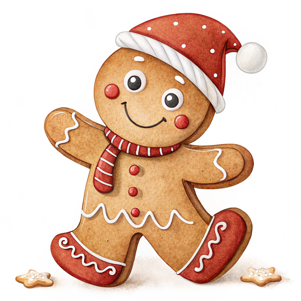 The image shows a gingerbread man wearing a red Santa hat and scarf, with a few other cookies scattered around him, against a white background.