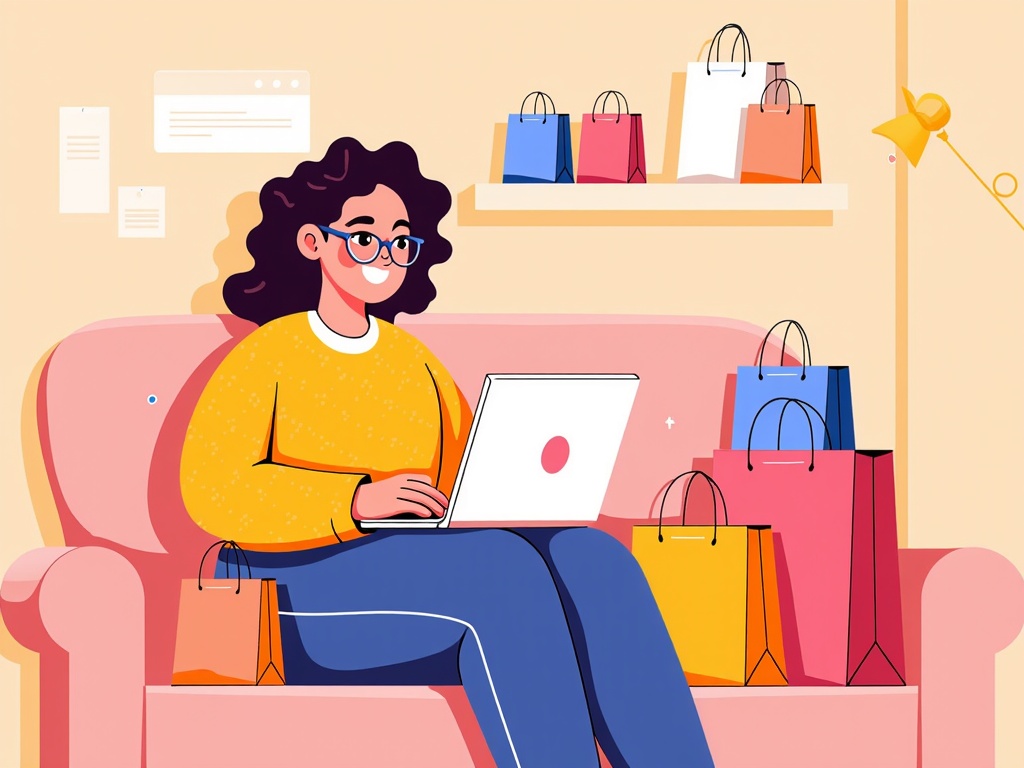  a young woman sitting on a pink armchair with a laptop in front of her. She is wearing a yellow sweater and blue jeans and has curly hair and glasses. There are several colorful shopping bags scattered around her on the armrests of the chair. On the wall behind her, there is a shelf with more shopping bags and a yellow lamp. The overall style of the illustration is flat and cartoon-like.