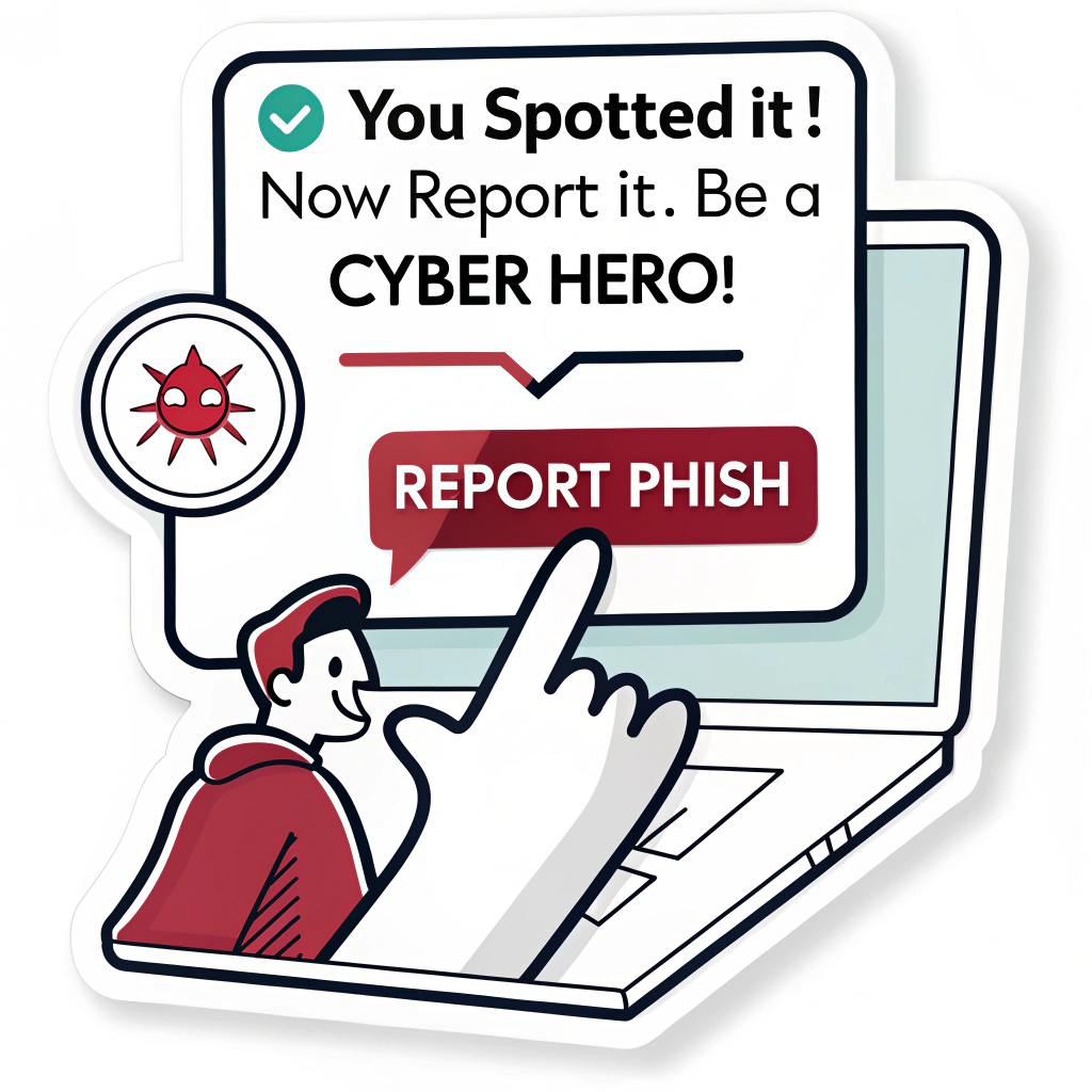 Sub-design 5: Action-oriented sticker depicting a hand decisively clicking a 'Report Phish' button on a simplified computer screen or email interface. Text: 'You Spotted It! Now Report It. Be a Cyber Hero!'