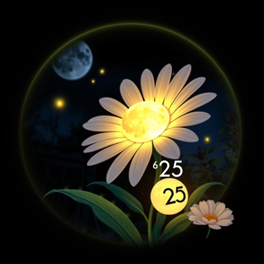 Lunar Daisy Embrace: A large, ethereal bioluminescent daisy interacts with a stylized moon or a glowing orb, symbolizing unity, within a nocturnal setting. The daisy's glow creates a magical interplay of light, fitting the Nocturnal Garden. 'EDC '25' is positioned gracefully, perhaps curving with the moon or nestled at the daisy's base.