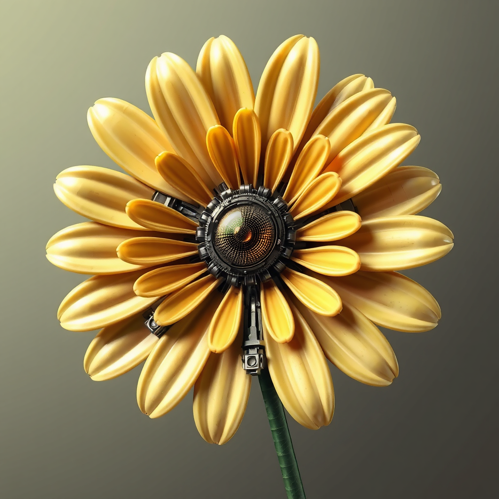 Mechano-Organic Bloom: A hybrid daisy, combining mechanical and organic elements. Some petals are metallic and jointed, while others are soft and biological, unfurling like a mechanical flower. The retro aspect is derived from clunky, industrial sci-fi mechanical parts, with the center as a lens or glowing gear.