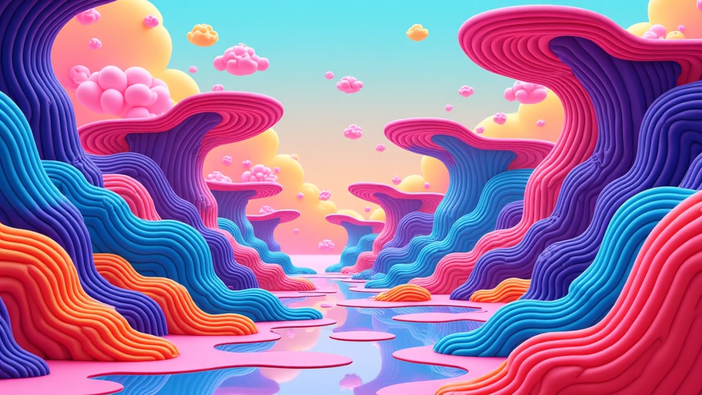 Surreal cityscapes with impossible, fluid architectures and dynamic, AI-generated color palettes, showcasing the unique aesthetic of generative design.