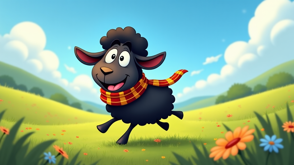 The image shows a cartoon black sheep wearing a scarf running through a field of flowers, plants, grass, trees, and mountains in the background with a sky full of clouds.