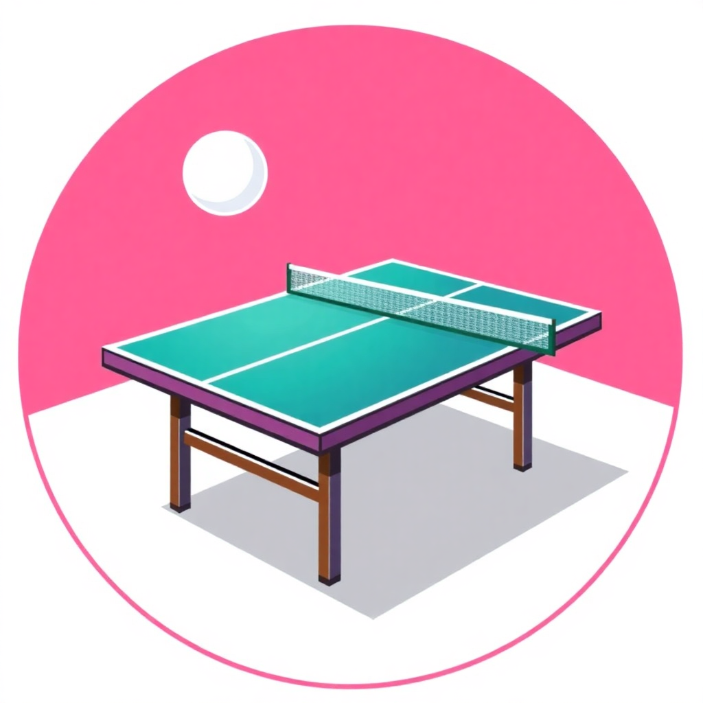 The image is an illustration of a ping pong table. The table is rectangular in shape with a green top and wooden legs. The net is in the center of the table and is made up of a grid of white lines. Above the net, there is a white circle. The background is a solid pink color. The image is in a flat, cartoon-like style.