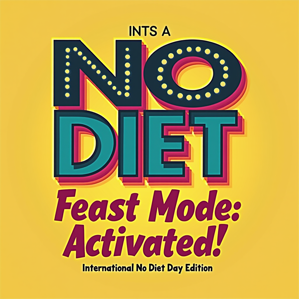Typography-focused design with 'NO DIET' in large, impactful letters, and 'DAY' playfully integrated. 'Feast Mode: Activated!' is a prominent tagline. 'International No Diet Day Edition' can be a smaller footer.