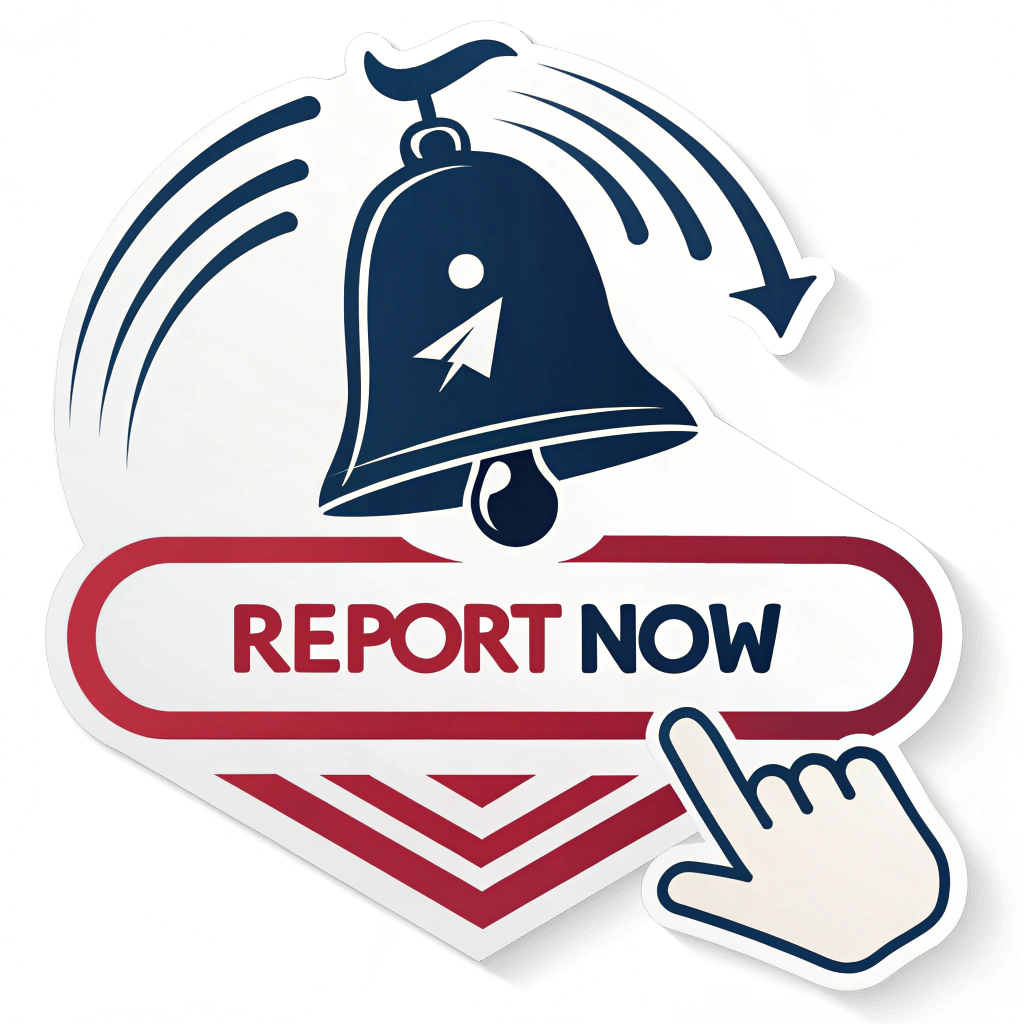 Sub-design 4: 'Direct Action Bell & Pointer' sticker combining a classic ringing alert bell symbol with a finger-pointing icon or an arrow towards a 'Report Now' caption, urging immediate user action.
