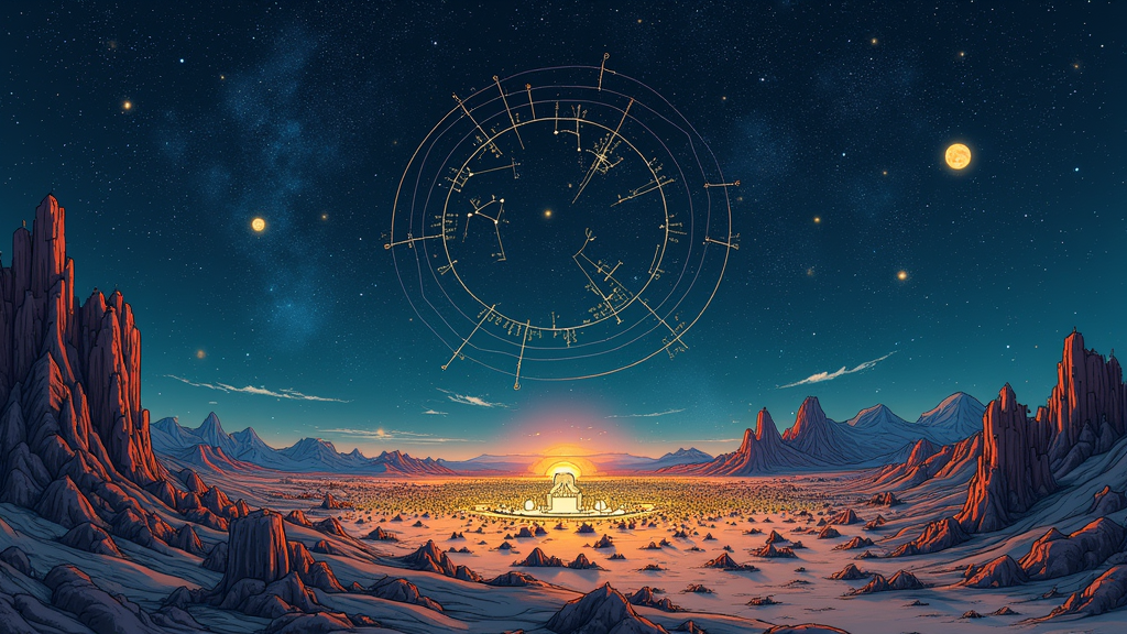 Stylized Black Rock City map as a constellation chart, where streets and landmarks form unique, fictional constellations against a starry sky.