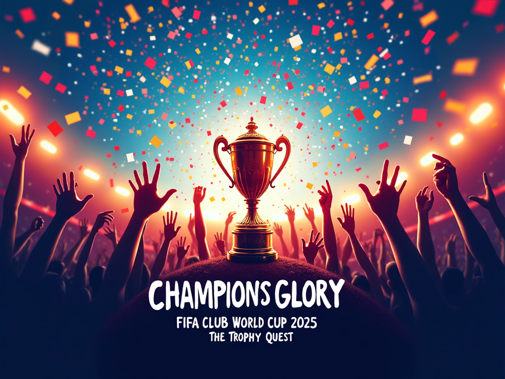 The Roar of Glory: A design capturing the essence of celebration with abstract representations of cheering crowds, confetti, and spotlights illuminating the FIFA Club World Cup trophy. 'Champions' Glory' is in a large, celebratory script, with 'FIFA Club World Cup 2025 - The Trophy Quest' as a sub-header.