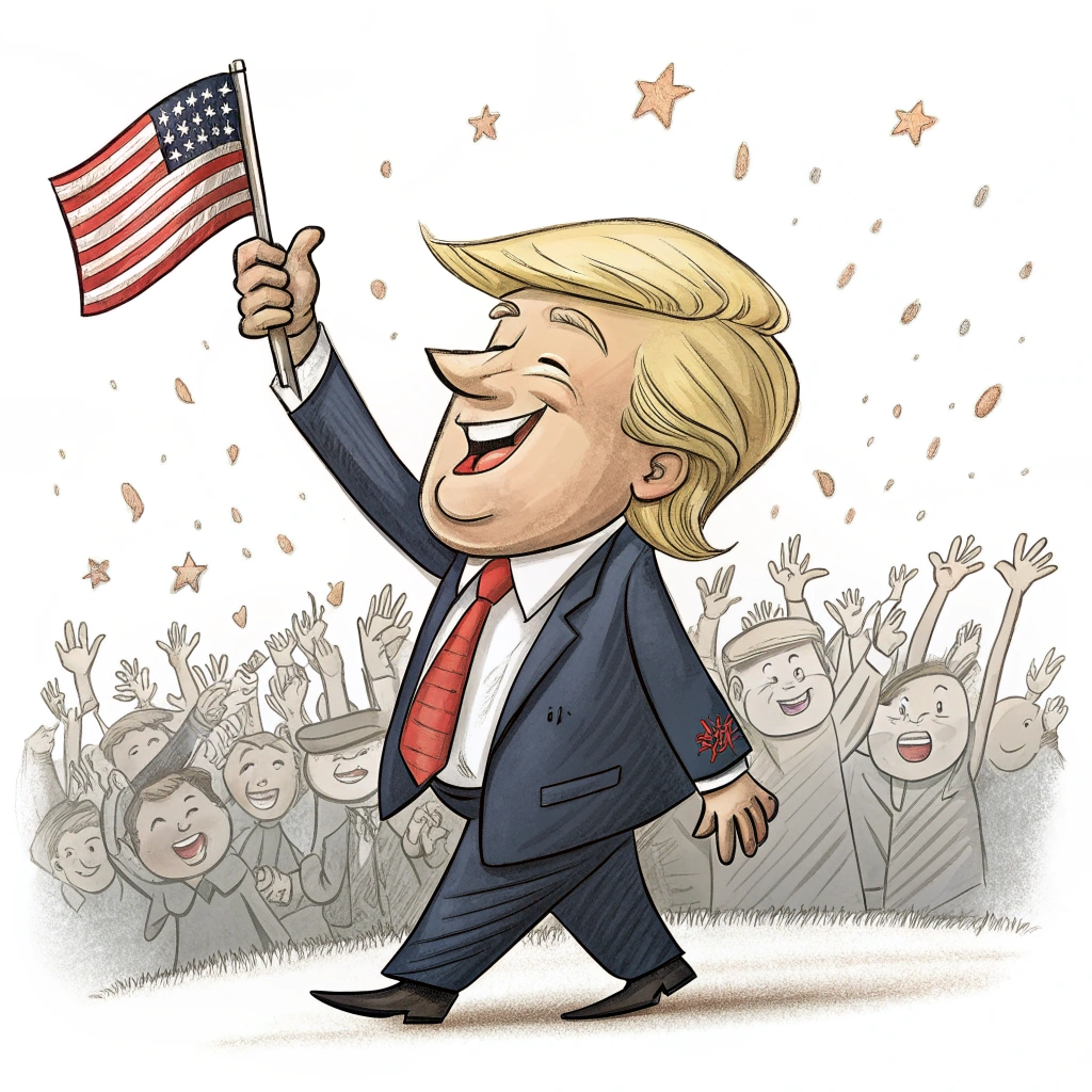 A sticker featuring a cartoon caricature of Donald Trump waving a small American flag, with a backdrop of a cheering crowd.