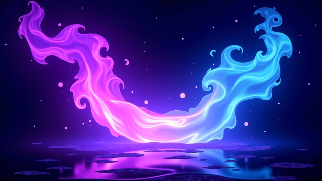 The image is an abstract digital illustration of a wave-like shape in the center of a dark blue background. The wave is made up of two colors - pink and blue - that are flowing in different directions, creating a sense of movement and energy. The pink wave is on the left side of the image, with the blue wave on the right side. The blue wave is in the shape of a crescent moon, with a curved tail and a pointed tip. The background is filled with small white dots, giving the impression of a starry night sky. At the bottom of the wave, there is a body of water with small ripples, reflecting the colors of the sky and the water. The overall effect is one of depth and movement.