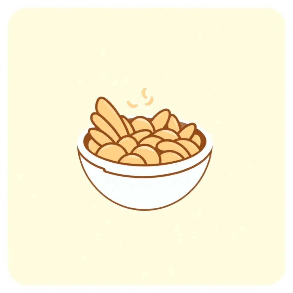 The image shows a bowl filled with peanuts on top of a white background. The bowl is animated, giving the impression that the peanuts are freshly cooked and ready to be enjoyed.