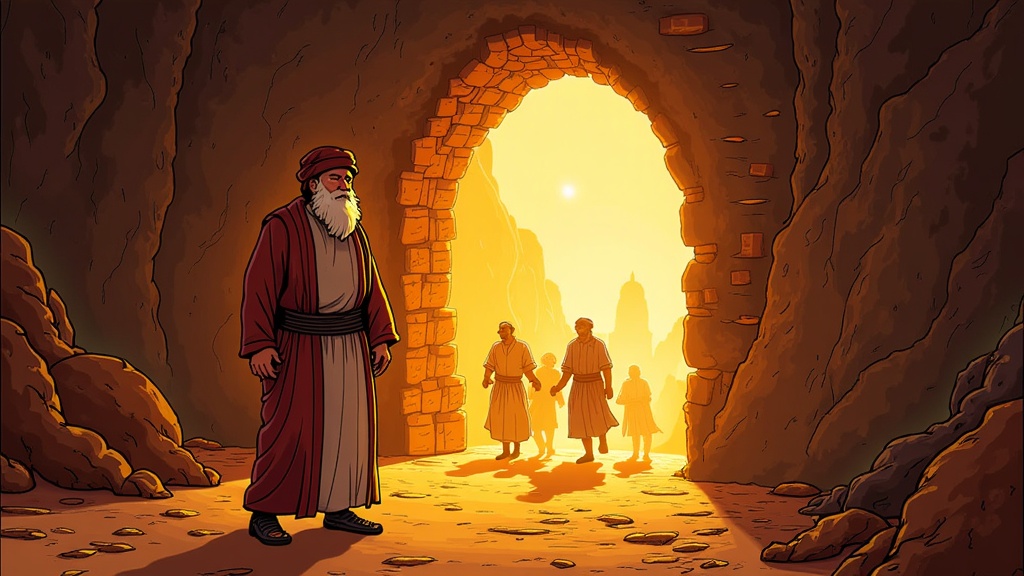 Ali Baba at the cave entrance, a magical glow emanating as he utters 'Open Sesame,' with the shadowy figures of the Forty Thieves approaching in the distance, capturing the moment of discovery and imminent danger.