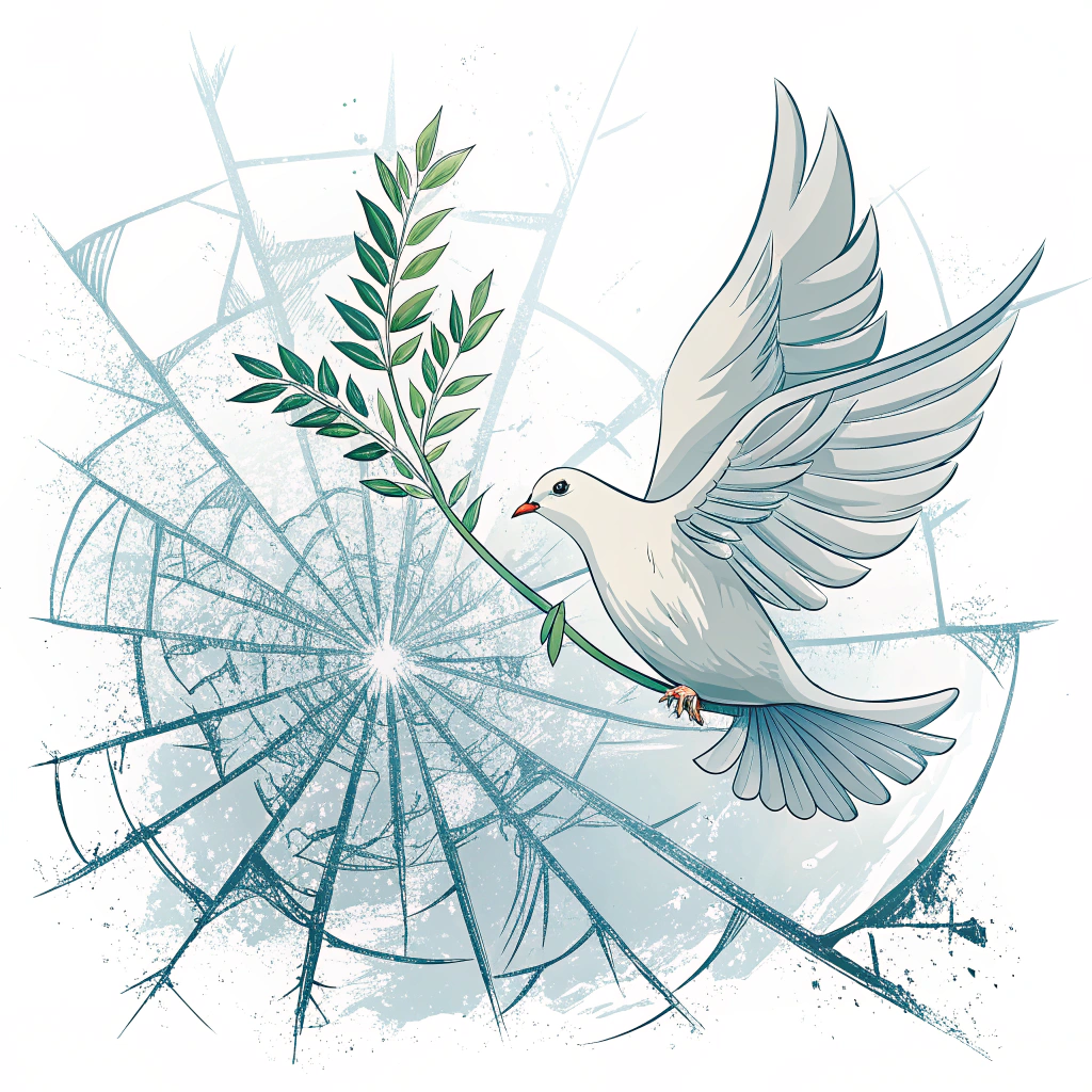 A dove carrying an olive branch flying over a shattered glass ceiling, representing peace and equality after overcoming obstacles.