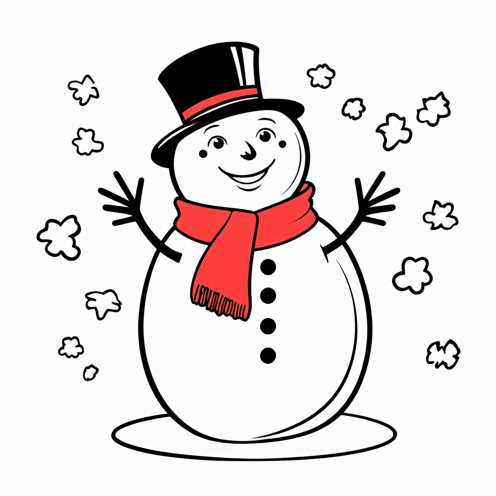 The image shows a snowman wearing a top hat and scarf, surrounded by a few snowflakes. The snowman is drawn in a cartoon-like style, with bright colors and a cheerful expression.