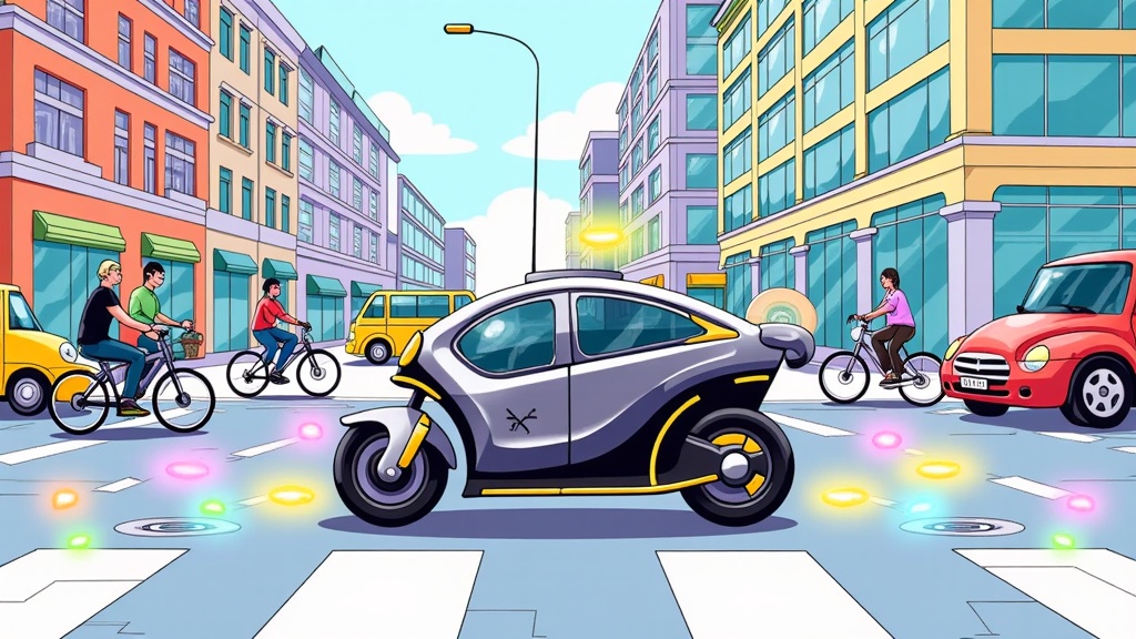 Seamless Urban Integration: An illustration depicting a robotaxi smoothly navigating a busy, multi-modal urban environment, safely interacting with cyclists, pedestrians (perhaps at a smart crosswalk), and other vehicles. Show subtle visual cues of its sensory perception.