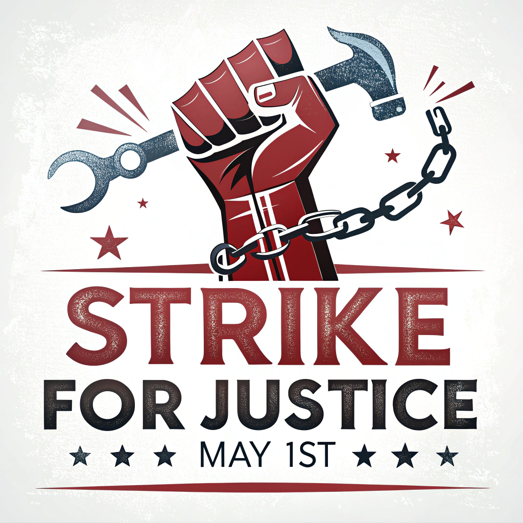 Design 1: A bold, stylized raised fist, possibly breaking chains or holding a worker's tool (e.g., hammer, wrench). Text: 'STRIKE FOR JUSTICE - MAY 1ST'. Color scheme: High-contrast red, black, and white for maximum impact.