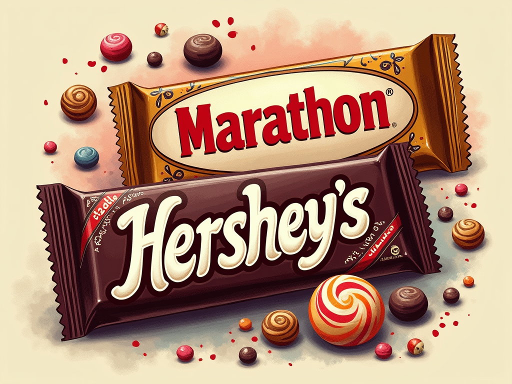 'Wrapper Spotlight' Design: Feature one or two large, highly detailed vintage candy wrappers as the central graphic (e.g., an old Hershey's bar, a Marathon bar wrapper), with smaller, subtly faded wrapper elements or candy-inspired patterns in the background.