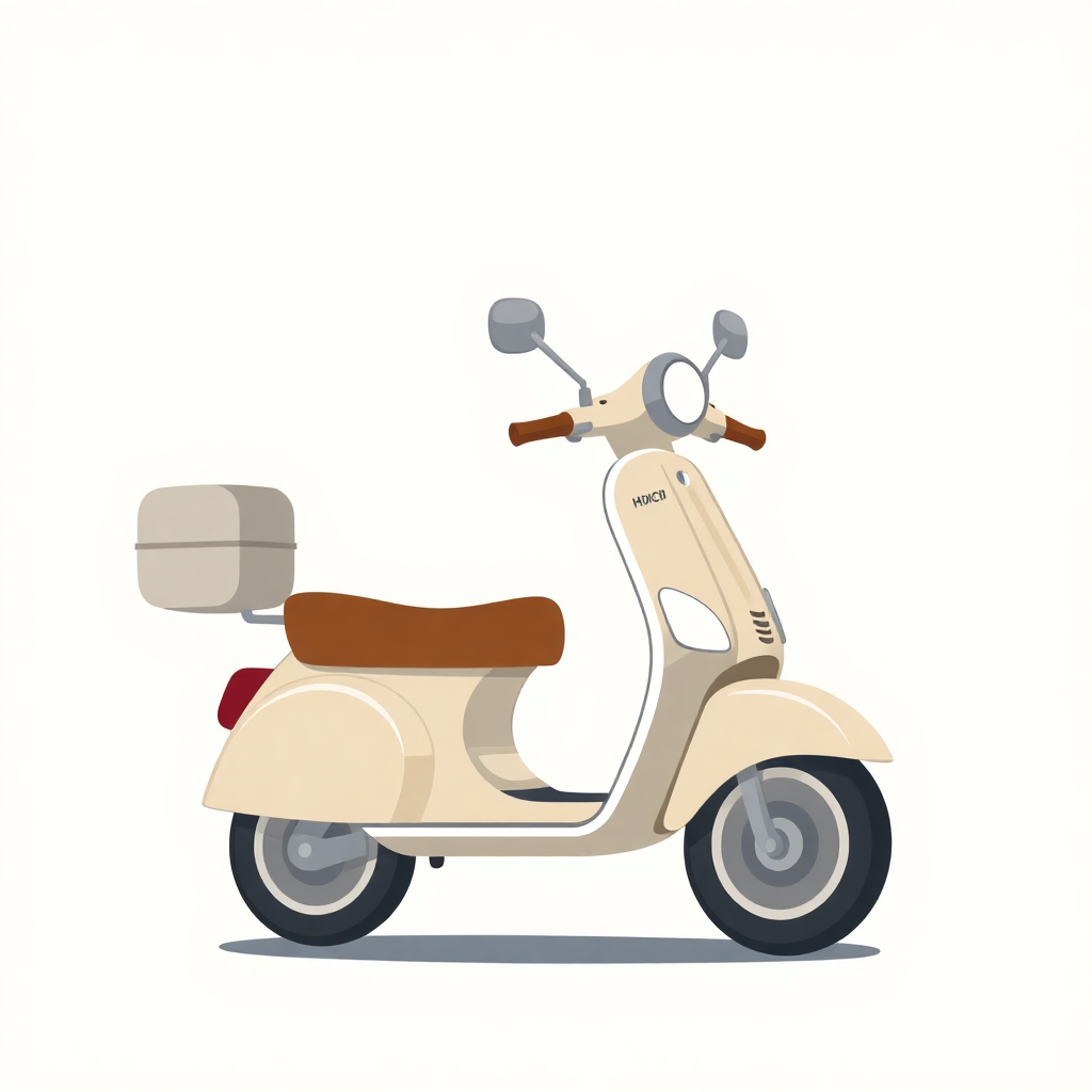 The image is a digital illustration of a beige-colored scooter. The scooter has a round headlight and two side mirrors on the front. The handlebars are curved and the seat is brown. There is a small storage box attached to the back of the scooter, which is also beige in color. The wheels are black and appear to be made of rubber. The background is plain white.