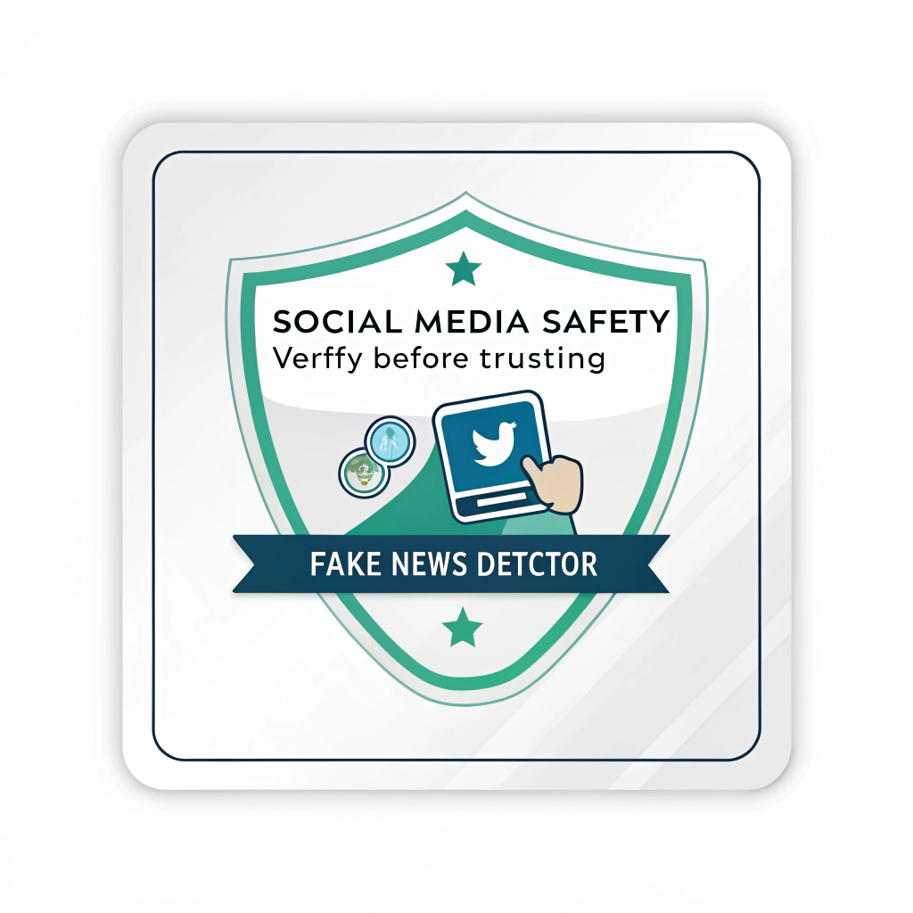 Translated Text (English): Social Media Safety Sticker Designs - Verify Before Trusting: Fake News Detector