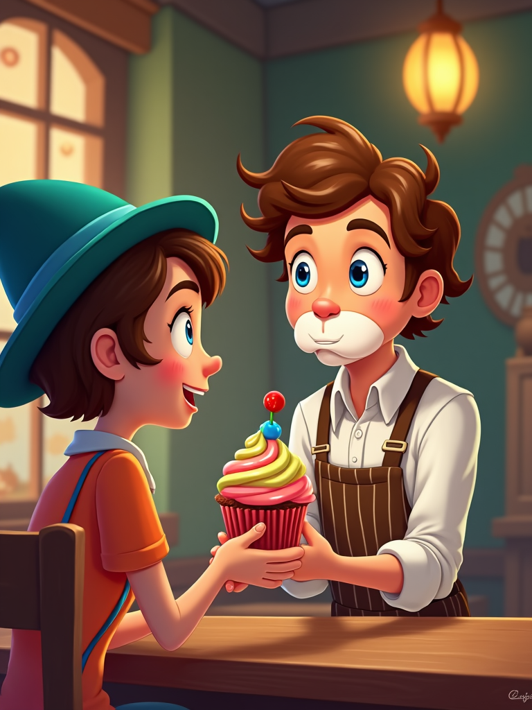 In a quaint town cafe, the stunned barista serves a Monopoly-inspired cupcake to a girl in a Monopoly hat. Her outfit complements the cafe's warm, eclectic interior, symbolizing Monopoly’s role in creating rewarding experiences beyond game boards, as shared in delightful conversations over coffee.