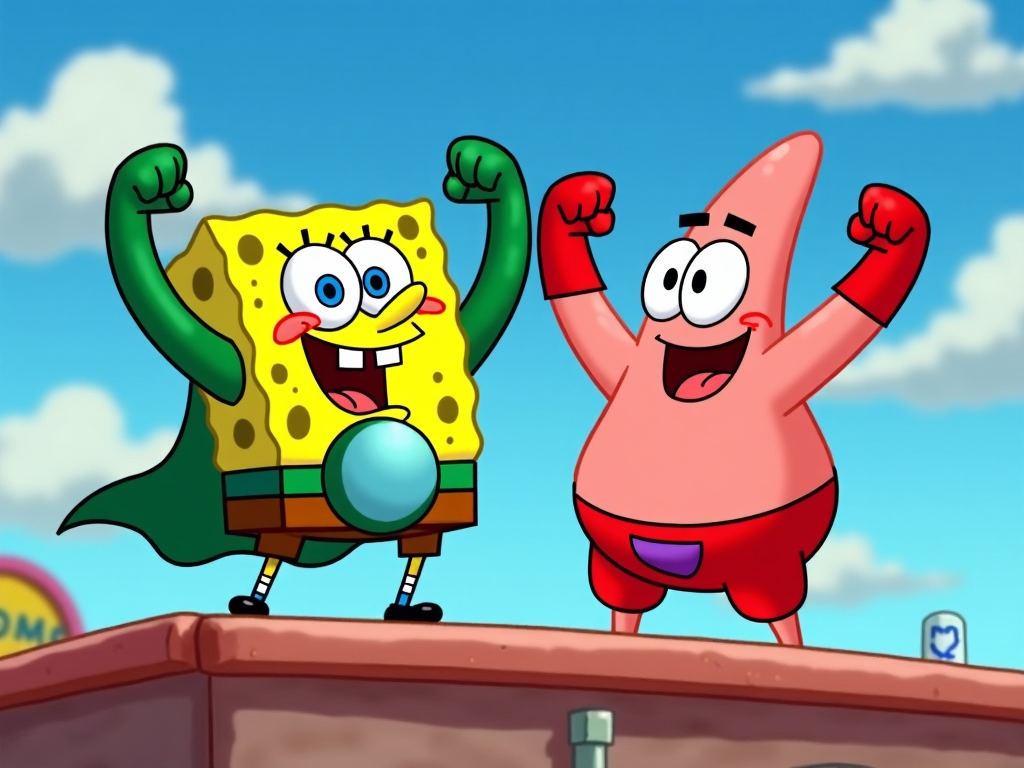 SpongeBob and Patrick dressed as superheroes, Bubble Boy and Elastic Waistband, posing triumphantly on the Chum Bucket roof.