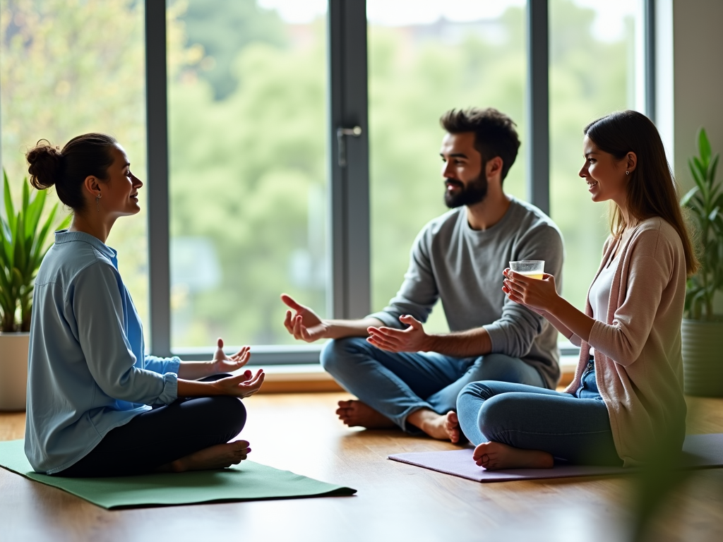 Poster Design 1: Illustrate diverse individuals in a calm work setting, practicing mindfulness, talking supportively, or taking peaceful breaks. Use soothing colors like blues and greens. Headline: 'Mind Matters: Cultivating Mental Well-being at Work'.