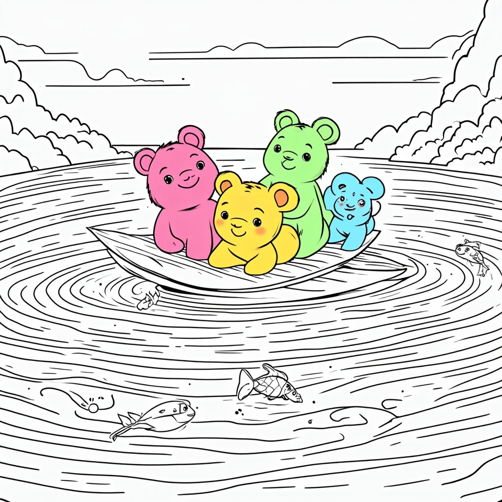 Rainbow River Voyage: An adventurous page showing gummy bears navigating a gently flowing 'Rainbow River' where the water segments are different bright colors. Their vessel could be a large leaf, a hollowed-out candy shell, or a small boat made of gingerbread. Friendly, smiling gummy fish or other cute candy aquatic creatures swim alongside.