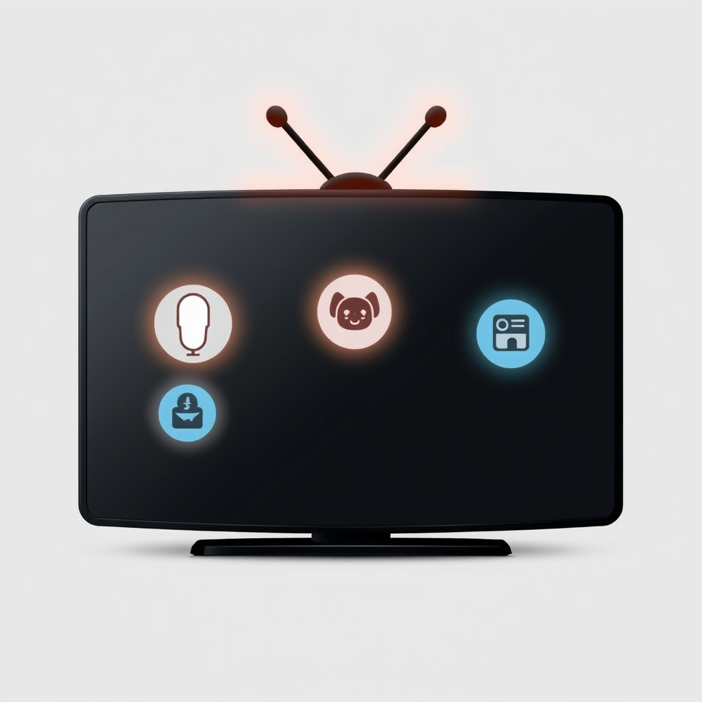Sub-Design Idea 5: Dynamic Feature Glows. Specific AI-driven TV features (e.g., voice control, content suggestion) are represented by distinct indicator points or small symbols on/near the main TV icon, each with a unique, soft glowing accent when active or relevant.