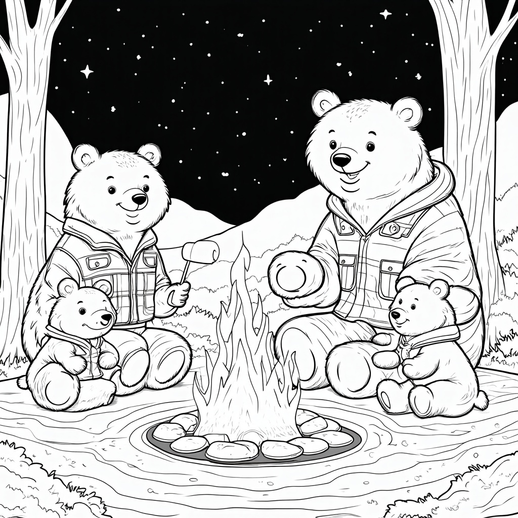 A bear family around a campfire, roasting marshmallows under a starlit sky.